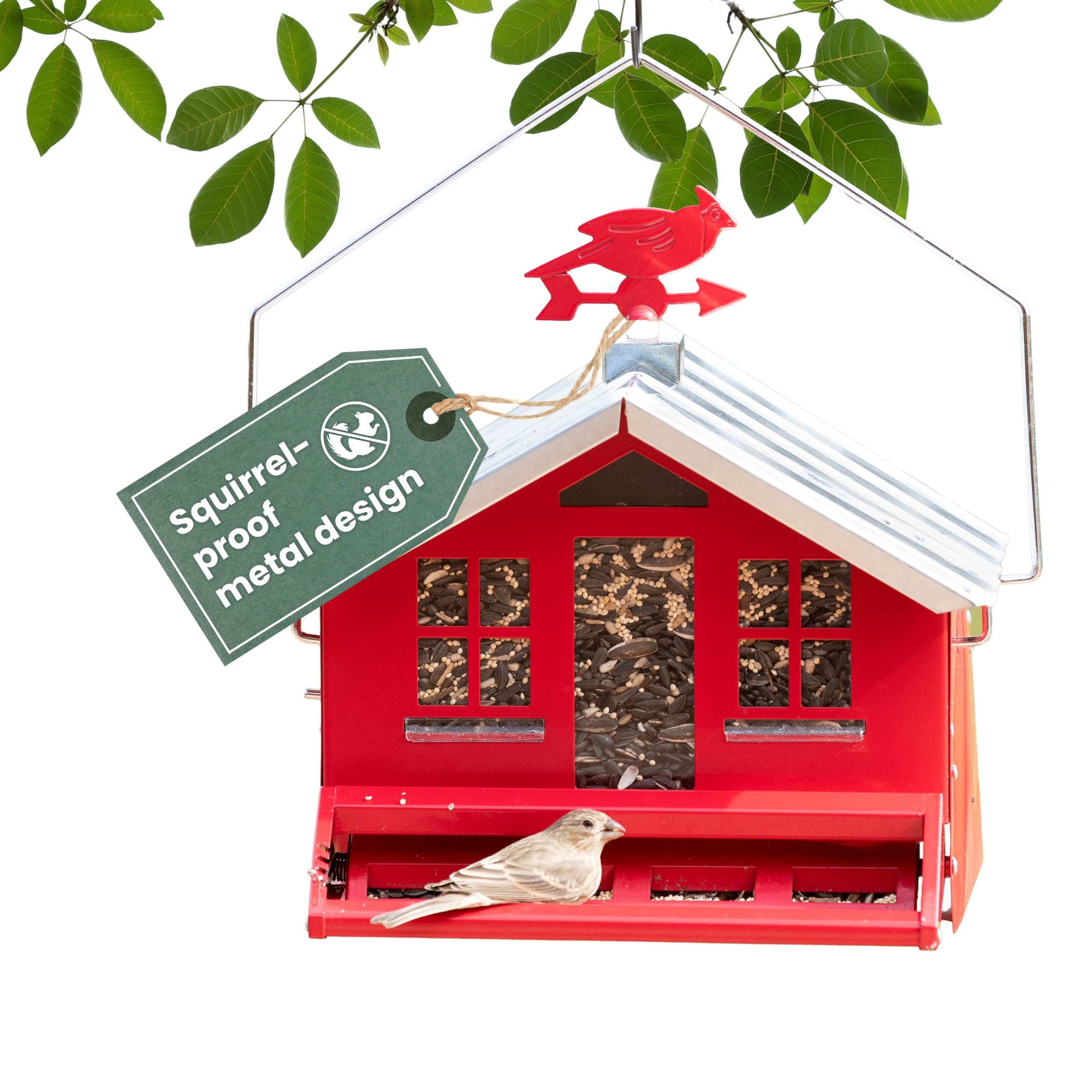 perky-pet squirrel-be-gone ii country house bird feeder with weathervane - 8 lb seed capacity - squirrel proof wild bird feeder for outdoors - durable construction - rustic outdoor decor - 338, red