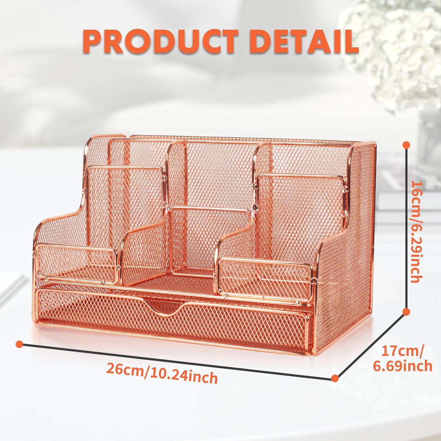 Barelove Rose Gold Desk Organizer with Sliding Drawer, Large Office Desktop Mesh Pen Pencil Holder Caddy Organization with 7 Compartments for Home School Supplies Stationery Book IPAD, Christmas Gifts