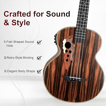 Caramel Ebony Wood Baritone Ukulele 30inch Wood LCD Color Display Electric Ukelele Kit Hawaiian Beginner Guitar Starter Pack Bundle Gig bag, Strap, Strings Set