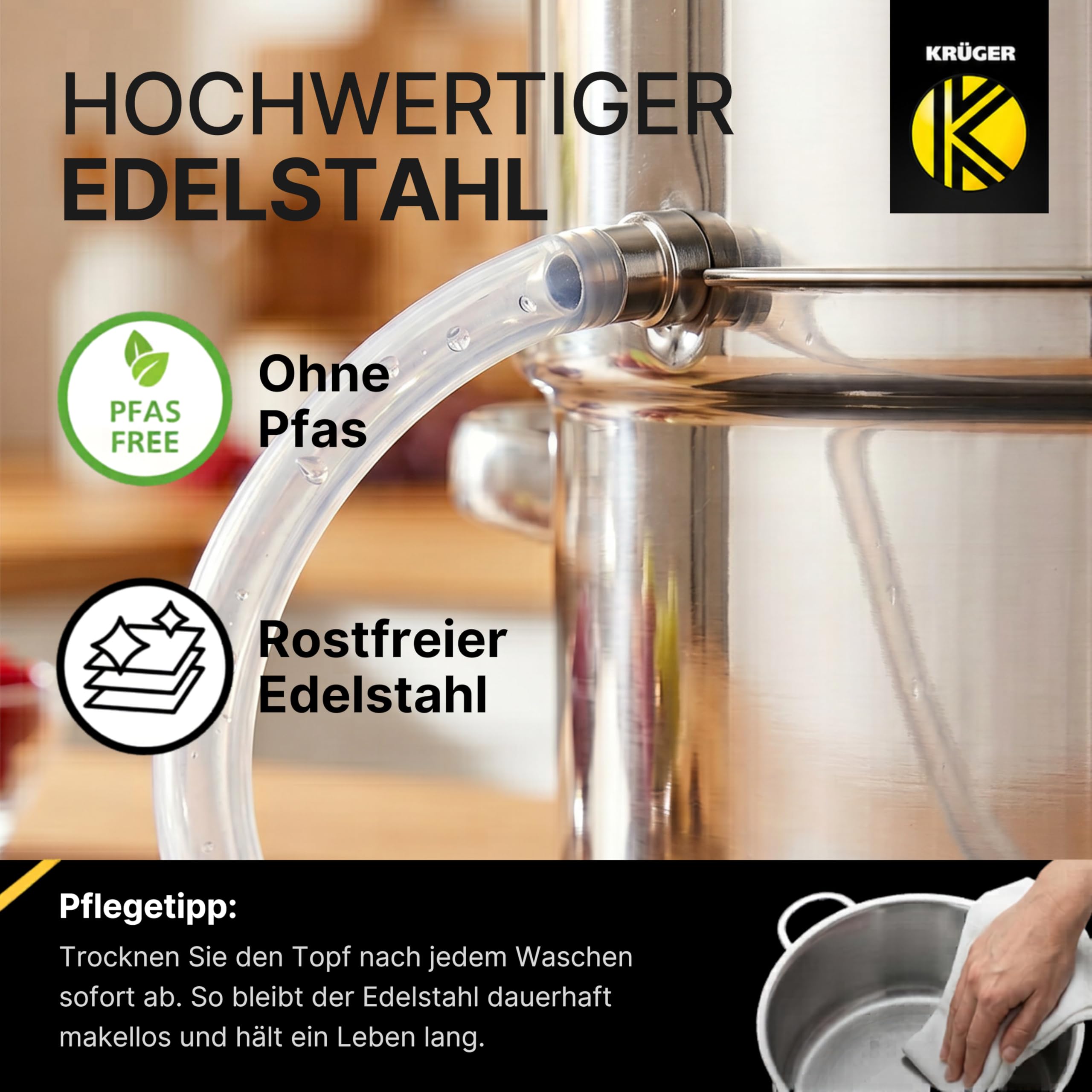 Krüger Edelstahl Dampfentsafter Mainau mit Glasdeckel Ø 26 cm (8 L) | PFAS-frei & unbeschichtet | Mit Glasdeckel, Ablaufschlauch & Kapselboden | Induktionsgeeignet | Für Saft, Gelee & Sirup