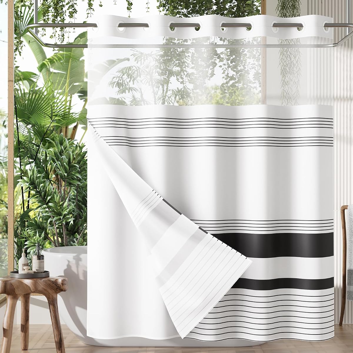 Juego de cortina de ducha y forro sin gancho, cortina de ducha con forro y ganchos incorporados menos tiempo, juego de cortina de ducha resistente doble impermeable para baño, rayas negras, 74 x 72 pulgadas