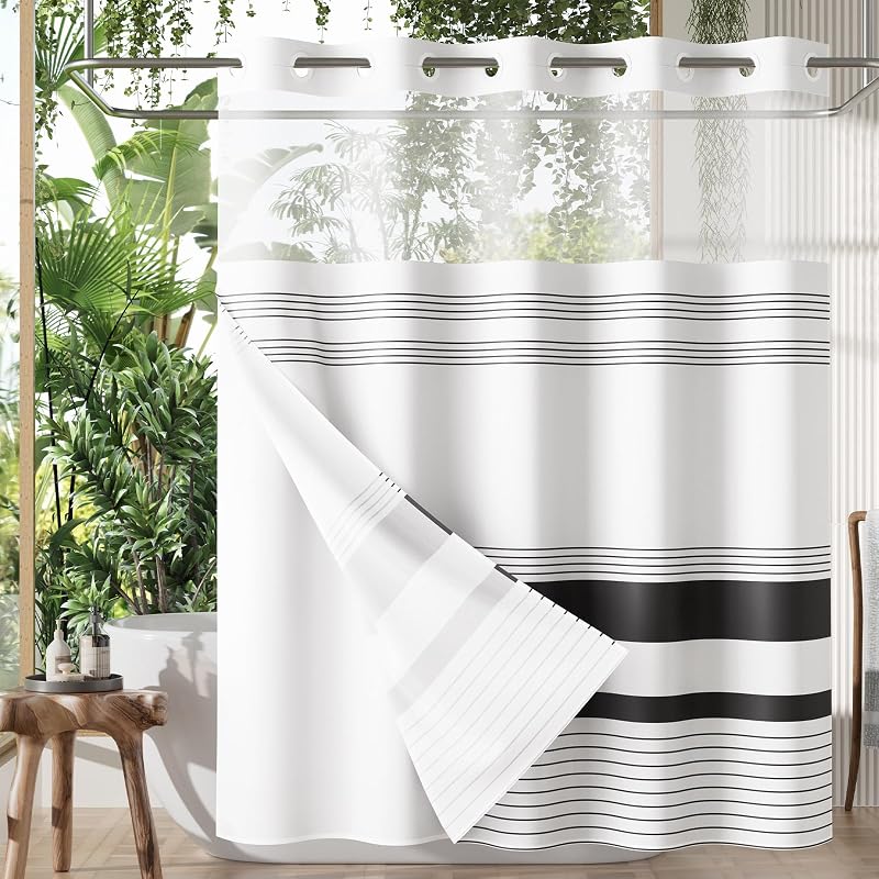 Juego de cortina de ducha y forro sin gancho, cortina de ducha con forro y ganchos incorporados menos tiempo, juego de cortina de ducha resistente doble impermeable para baño, rayas negras, 74 x 72 pulgadas