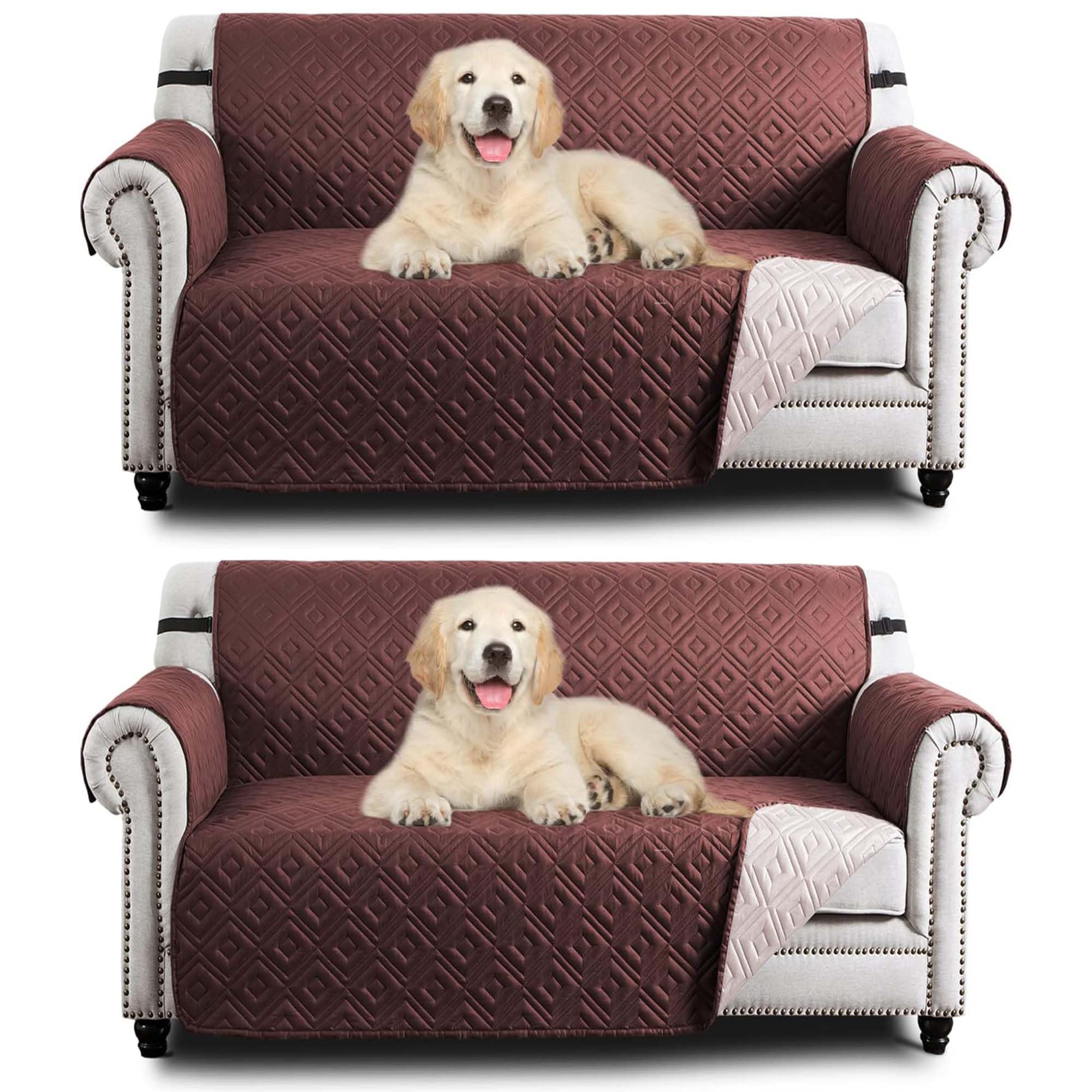 Hafaa Sofa Cover 2 Seater Water Resistant Sofa Slipcovers 2 Pack Brown/Beige Non Slip Reversible Sofa Covers with Elastic Strap - Washable Sofa Protectors from Pets/Kids/Dogs