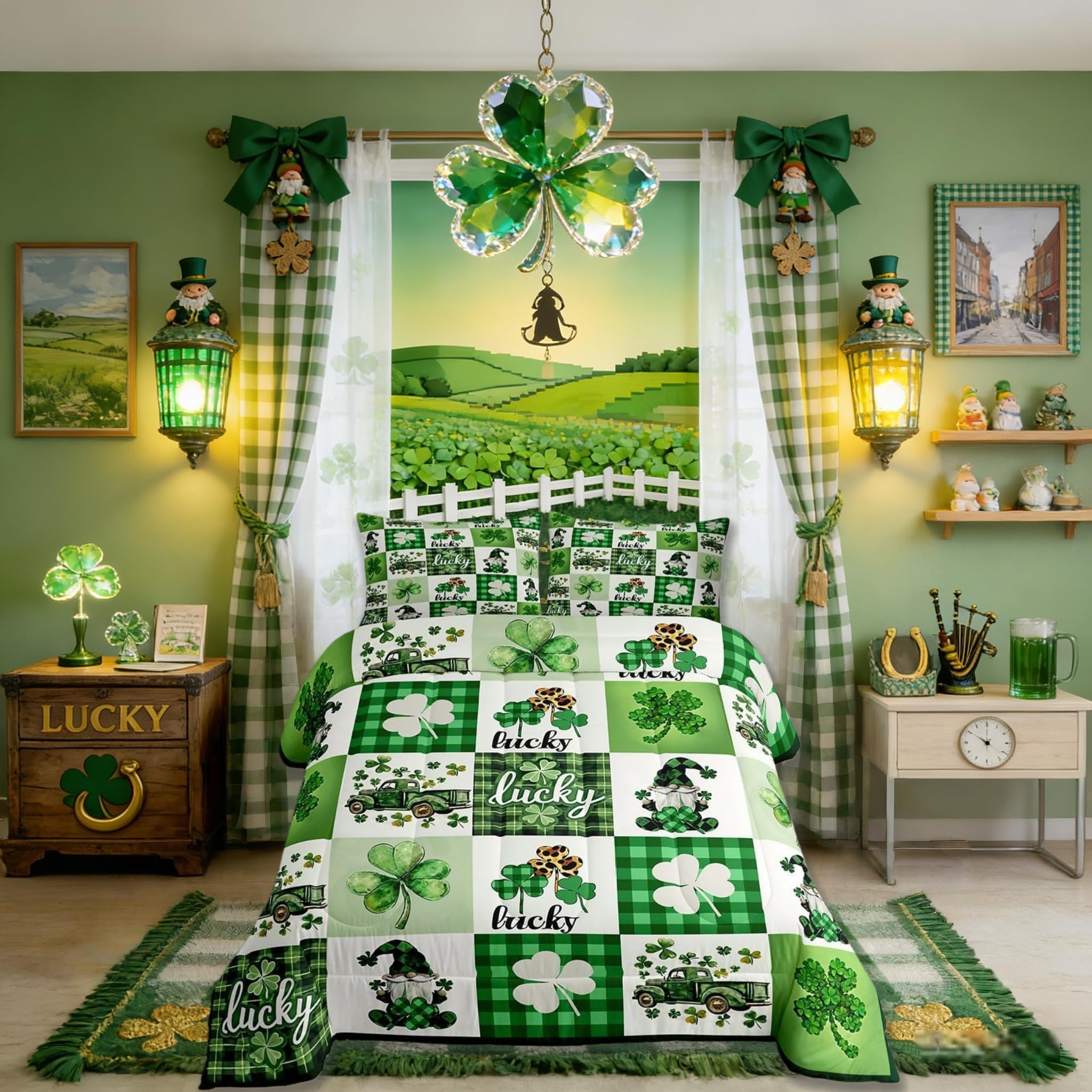St. Patrick's Day Comforter Set Full Size,Lucky Holiday Clover Kids Bedding Set, Quilt Comforter,Green Duvet Insert,2 Pillowcases
