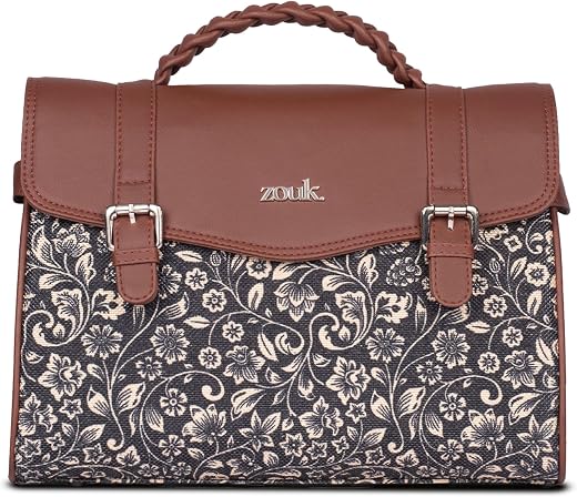 ZOUK Women's Konkona Heritage Satchel Bag | Jute | Vegan Leather Handcrafted With Detachable Sling Strap