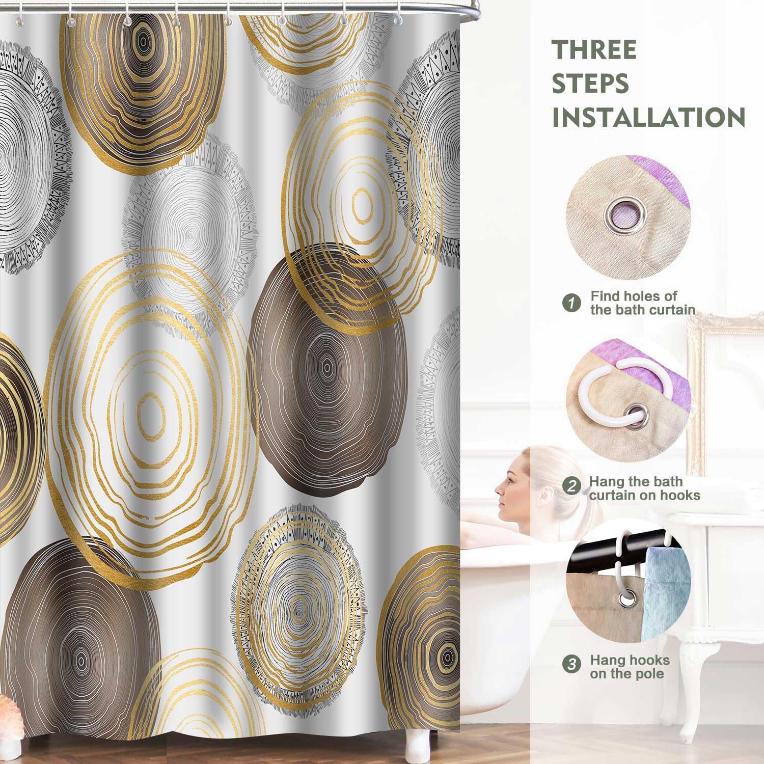 Modern Abstract Shower Curtain, 72x72 inch Polyester, Brown Circle Geometric Pattern Shower Curtain Sets, Mid Century Style Bathroom Curtains Decor Set with 12 Hooks YLOKTP0071