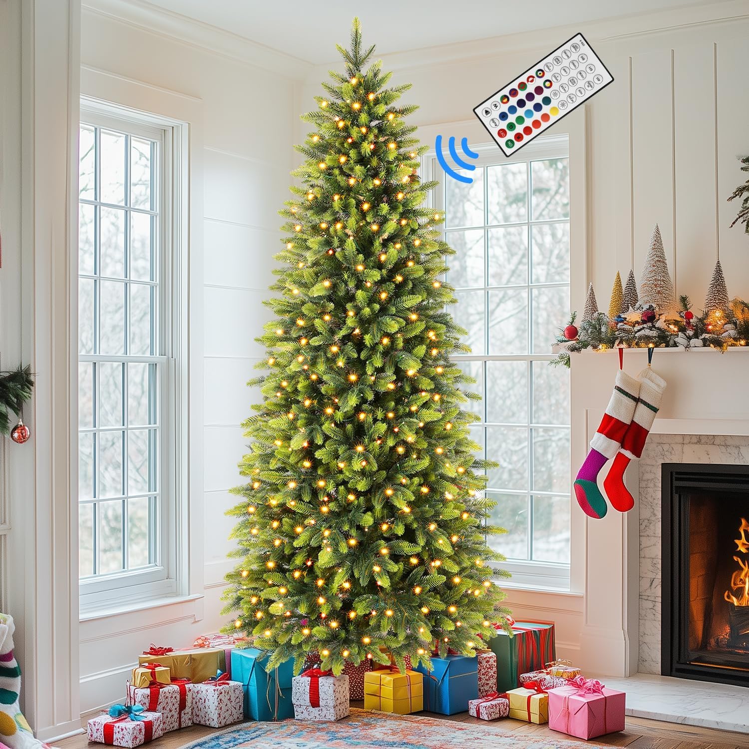 Alupssuc 7.5ft Prelit Artificial Hinged Christmas Tree with Remote Control, 360 Pre-Lit Multi-Color RGB Lights and 1959 PE & PVC Branch Tips, Perfect Choice for Xmas Decoration, 7.5 FT