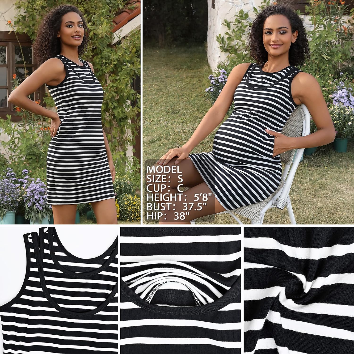 DEBELLY Nursing Tank Dress Striped Sleeveless Side Pockets Women's Breastfeeding Dress Knee Length