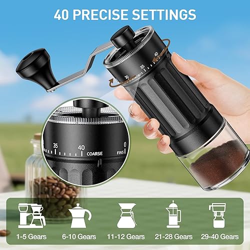 Miniatura 3 de Mini molinillo de café manual  40 ajustes ajustables, molino de manivela portátil con capacidad de 1.06 oz, rebaba cónica para expreso, vertido,