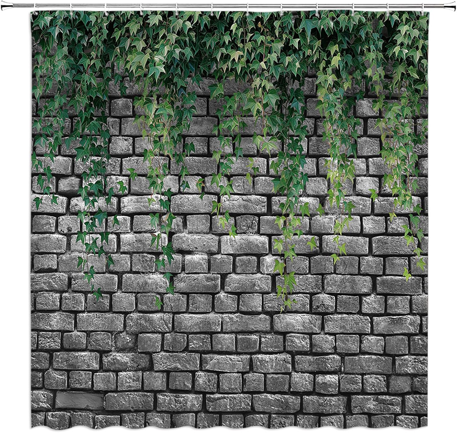 Brick Wall Shower Curtain Green Leaves Retro Gray Stone Brick Rocks Rustic Country Farmhouse Geometric Wall Fabric Bathroom Decor Curtain with Hooks