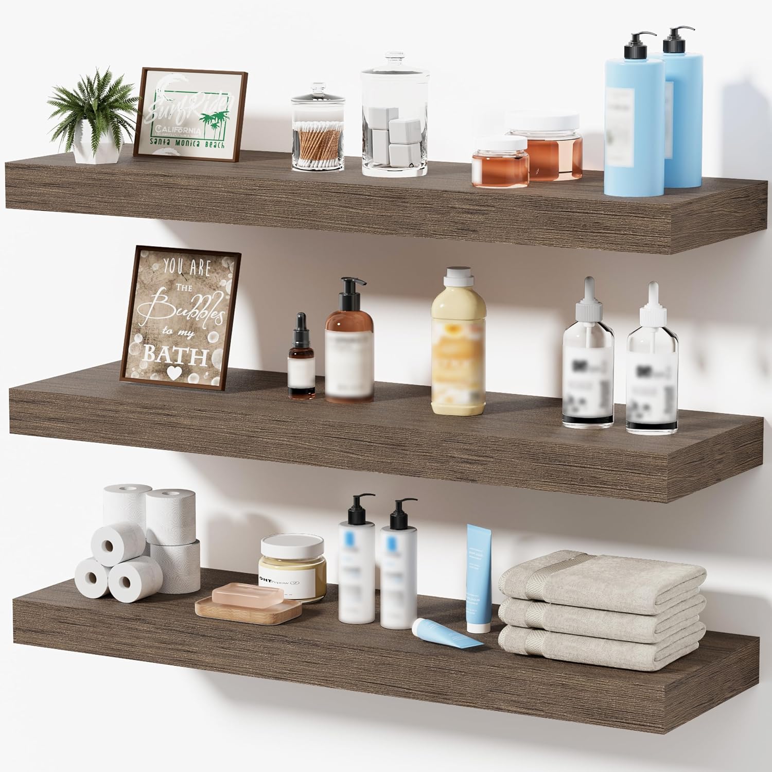 Floating Shelves for Wall, Bathroom Shelves Over Toilet, Wall Shelves & Book Shelf for Room, Hanging Shelf, Modern Wooden Mounted Floating Shelves, 24x7x1.5 in (Smoke Gray, Set of 3) Smoke Gray 24"(set of 3)