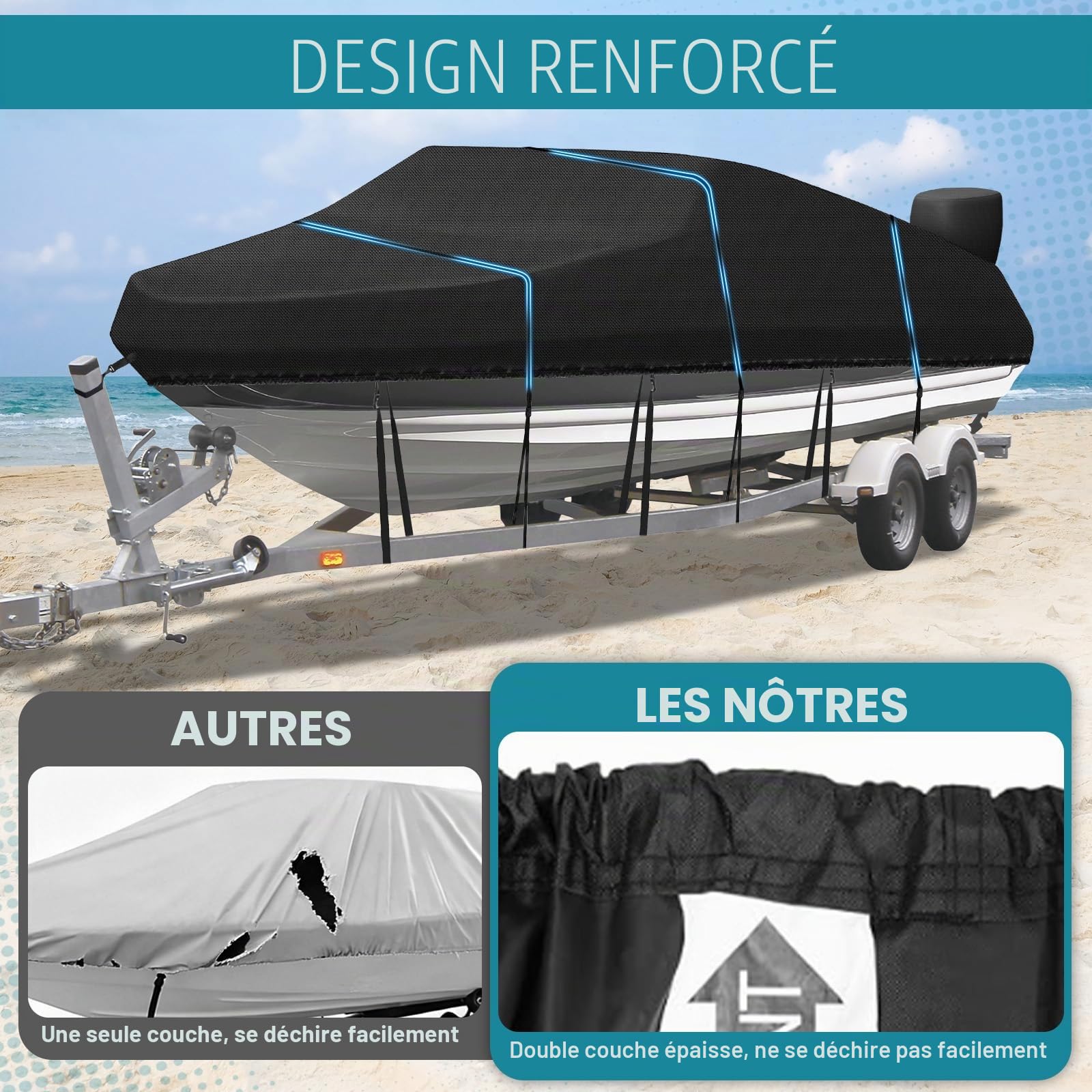 Housse de bateau en tissu Oxford 420D, bâche de protection pour bateaux, persenning anti-UV avec sac de rangement, pour coque en V, bateau à rames, bateau de pêche, noir