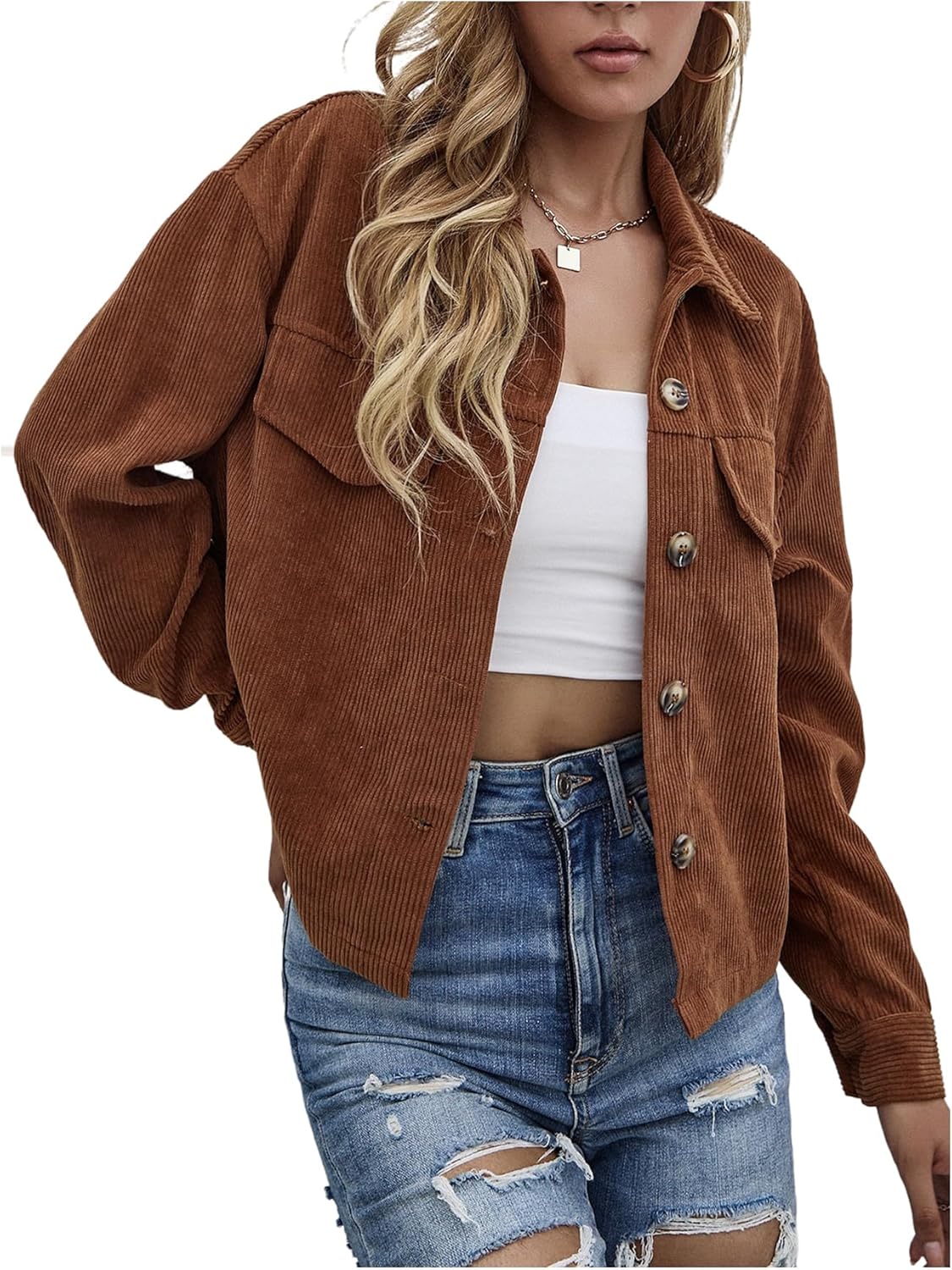 SweatyRocks Women's Corduroy Jacket Cropped Long Sleeve Button Down Casual Spring Jackets Trendy Shacket - Image 4