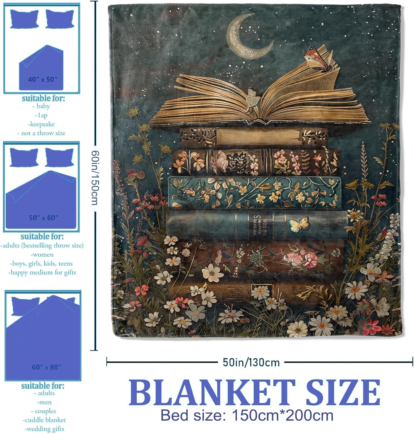 Floral Book Stack Throw Blanket for Women Girls Boys, Soft Flannel Blankets Gifts for Living Room Couch, Home, Sofa Decor, 50"x60" - Image 2