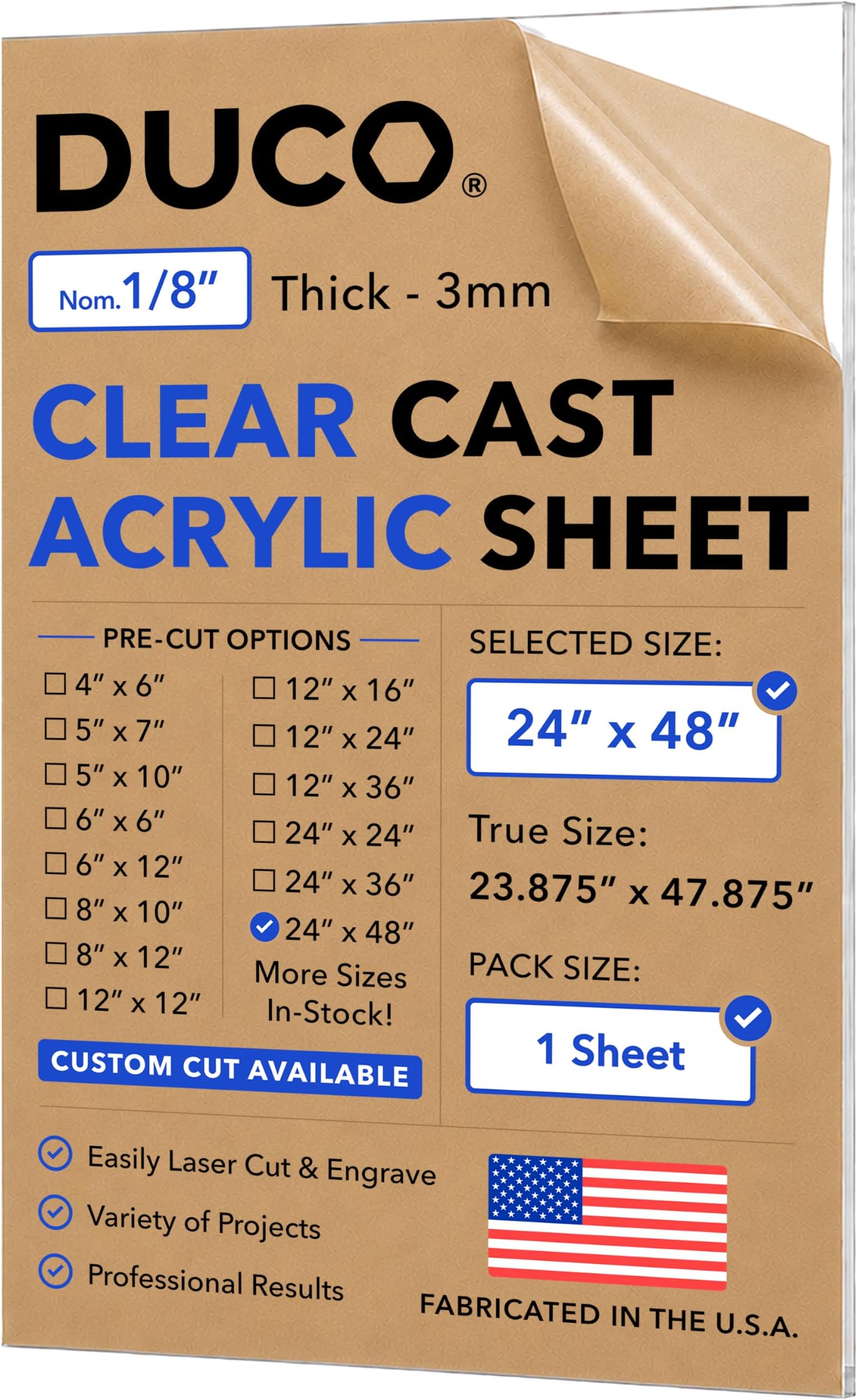 Duco 1/8" Thick Clear Acrylic Sheets - Cut To Size Plexiglass Sheets 24" X 48" - Clear Plastic Sheets for Crafts Replacement