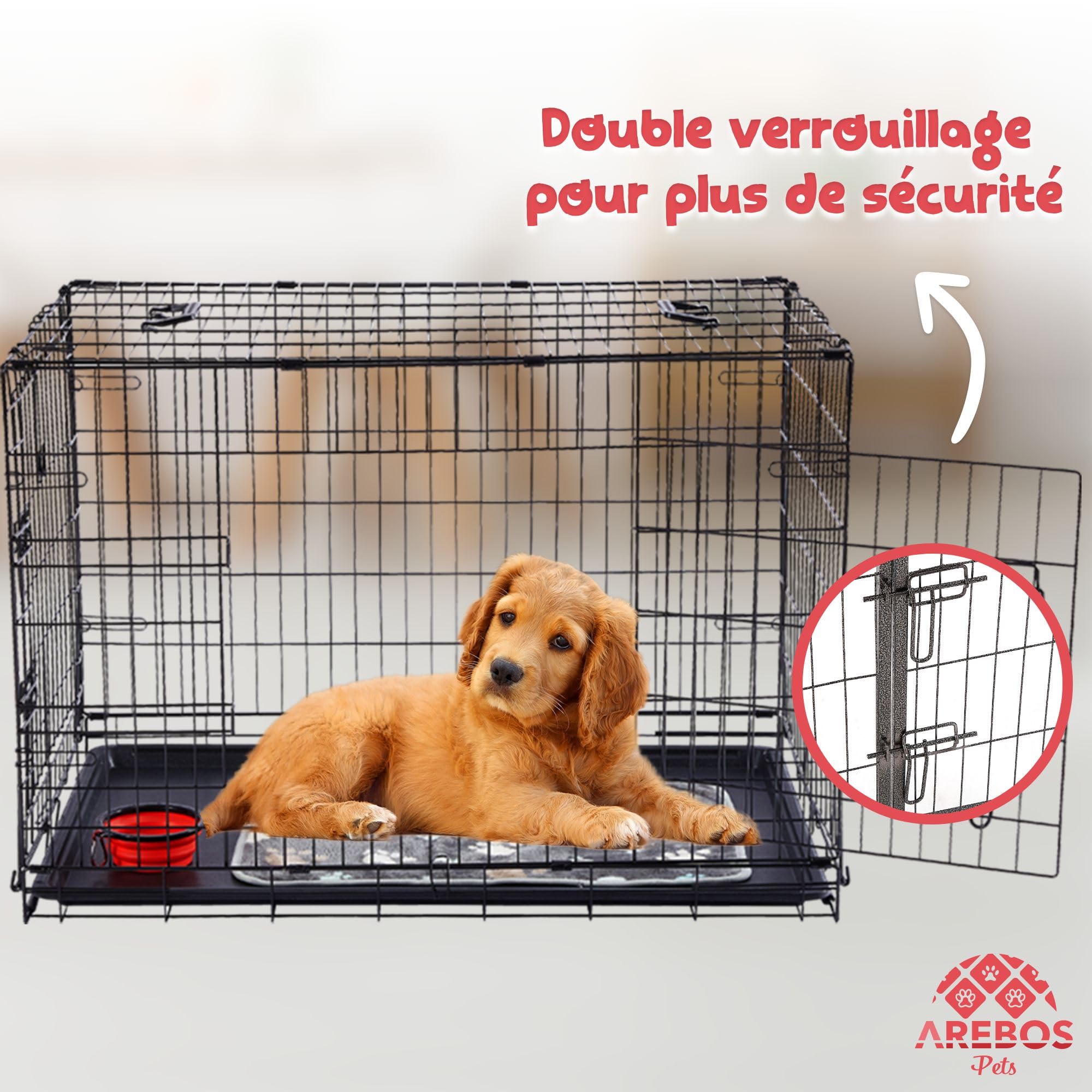 Arebos Cage pour Chien 107x71x77,5 cm | Cage de Transport Pliable pour Chien | Cage de Transport pour Chien à 2 Portes | Cage pour Chien d'intérieur | XL Noir