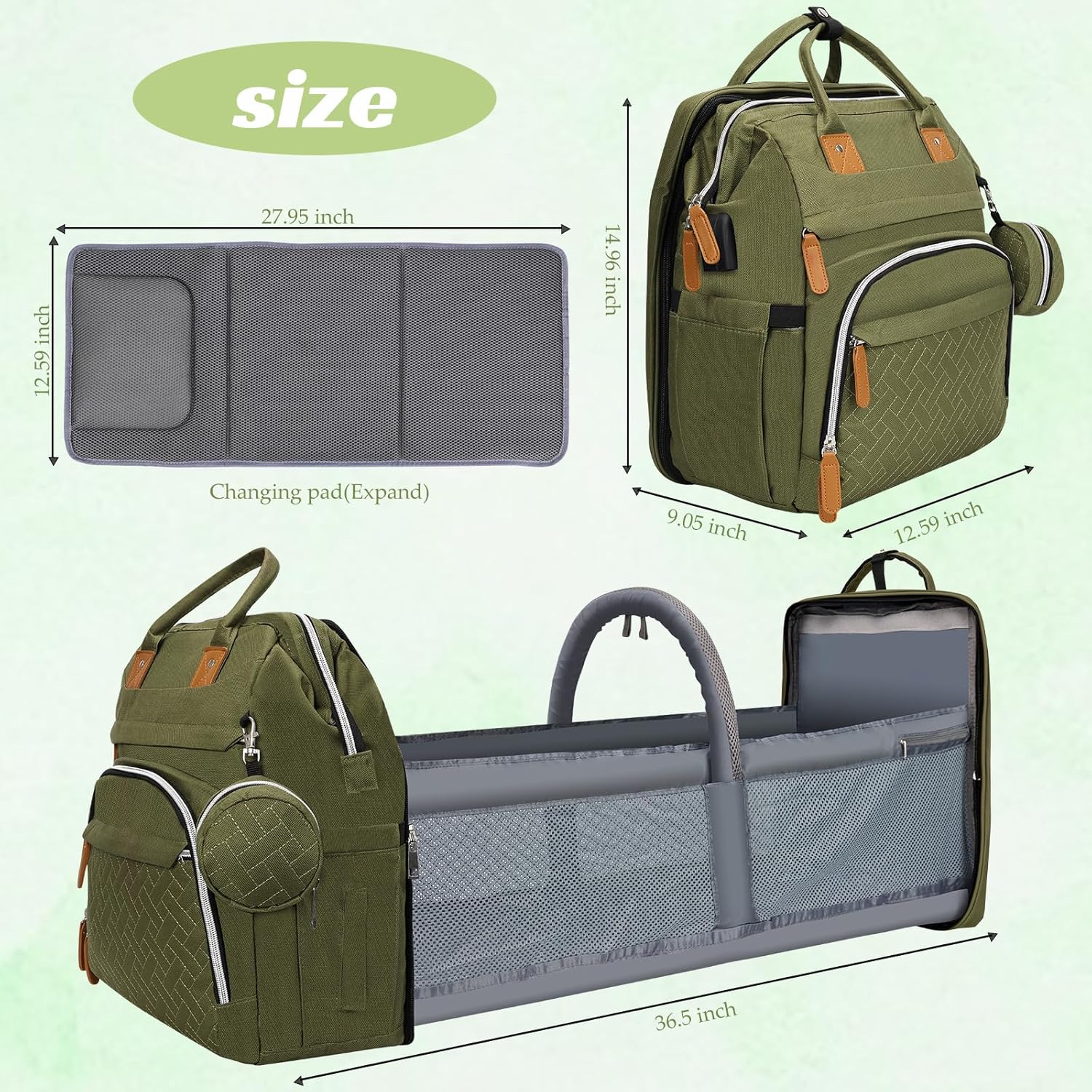 Diaper Bag Backpack for New Parents, Large Capacity Baby Travel Bag with Bottle Holders, Multiple Compartments (Green)