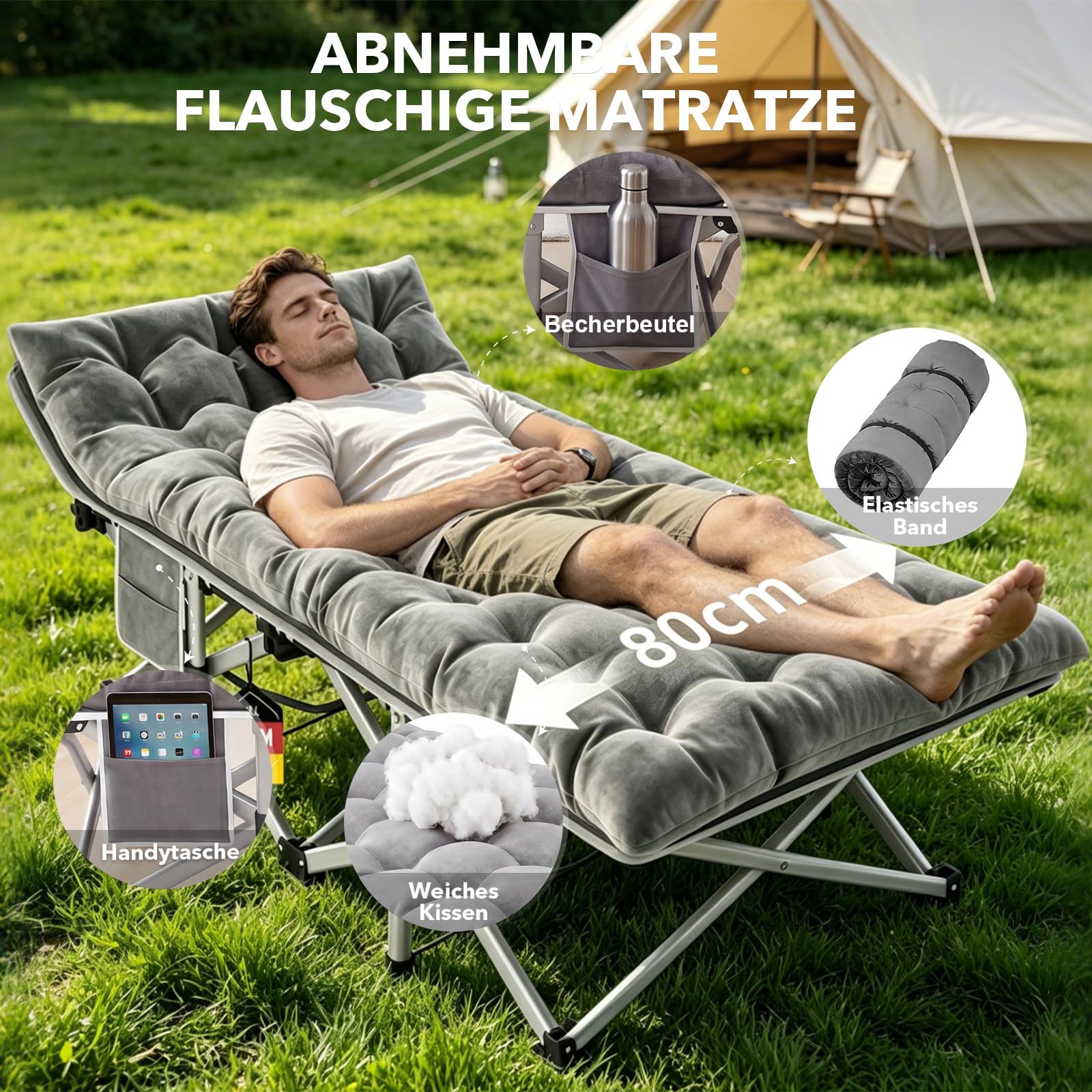 XXL Campingbett Feldbett 190 x 80 x 37 cm Feldbett Klappbar mit Matratze, Klappbett mit Seitentasche, Camping Bett 2 Personen Campingliege, Faltbar Gästebett bis 308 kg für Outdoor Indoor Reisen