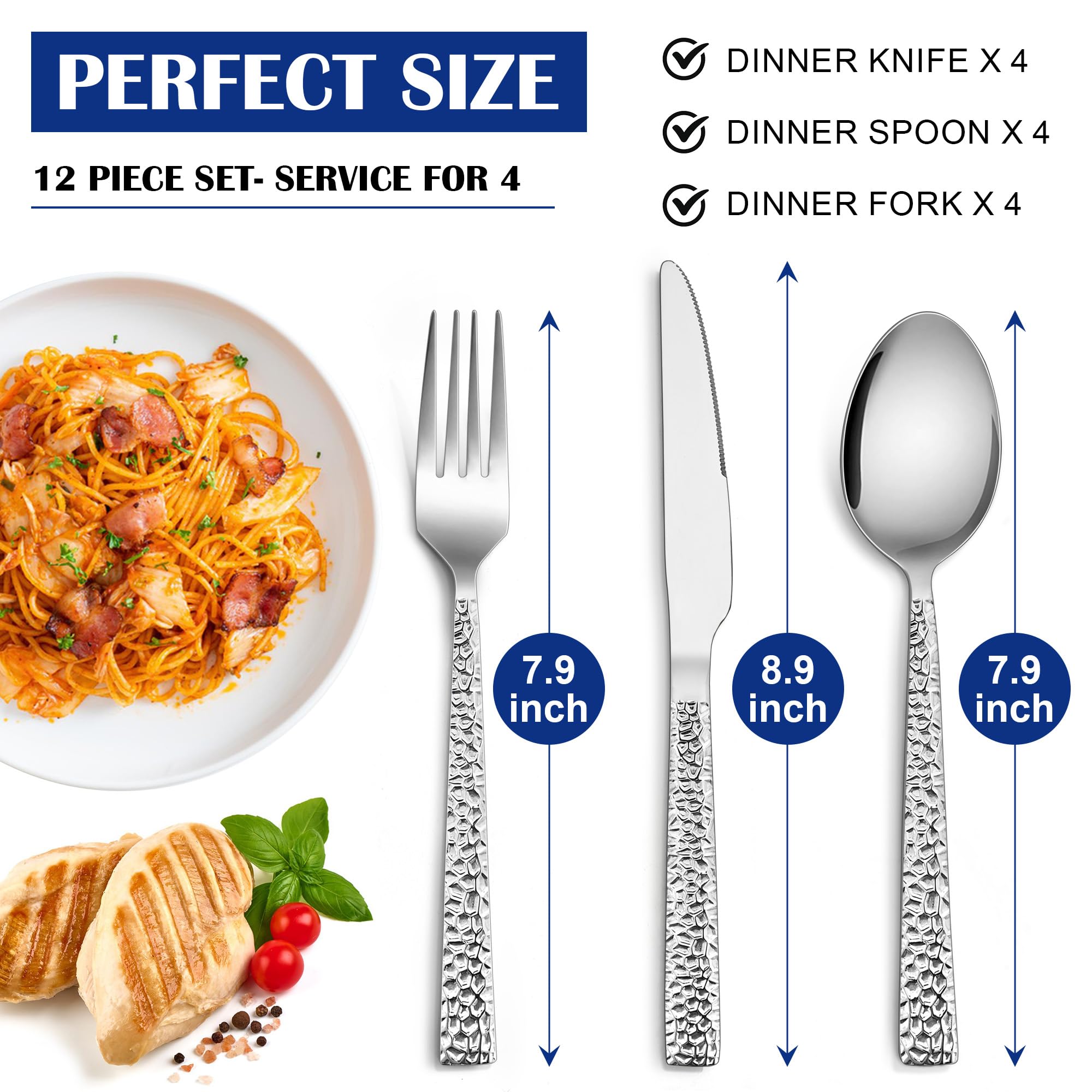 E-far 12-Piece Hammered Silverware Set, Stainless Steel Flatware Set for 4 — Amazon image 2