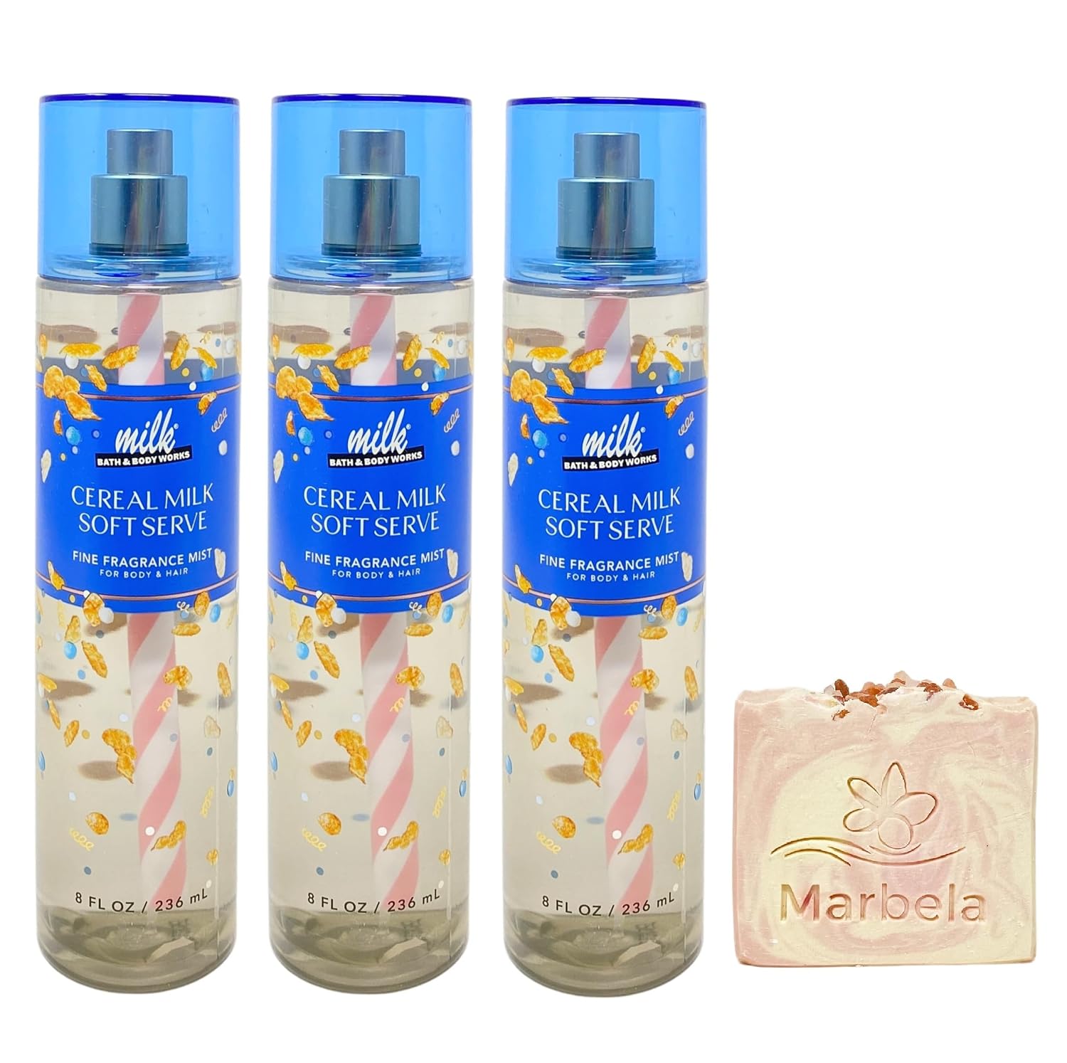Bath & Body Works Cereal Milk Soft Serve 3 Pack Fragrance Mist Bundle with a Himalayan Salts Springs Bar Soap