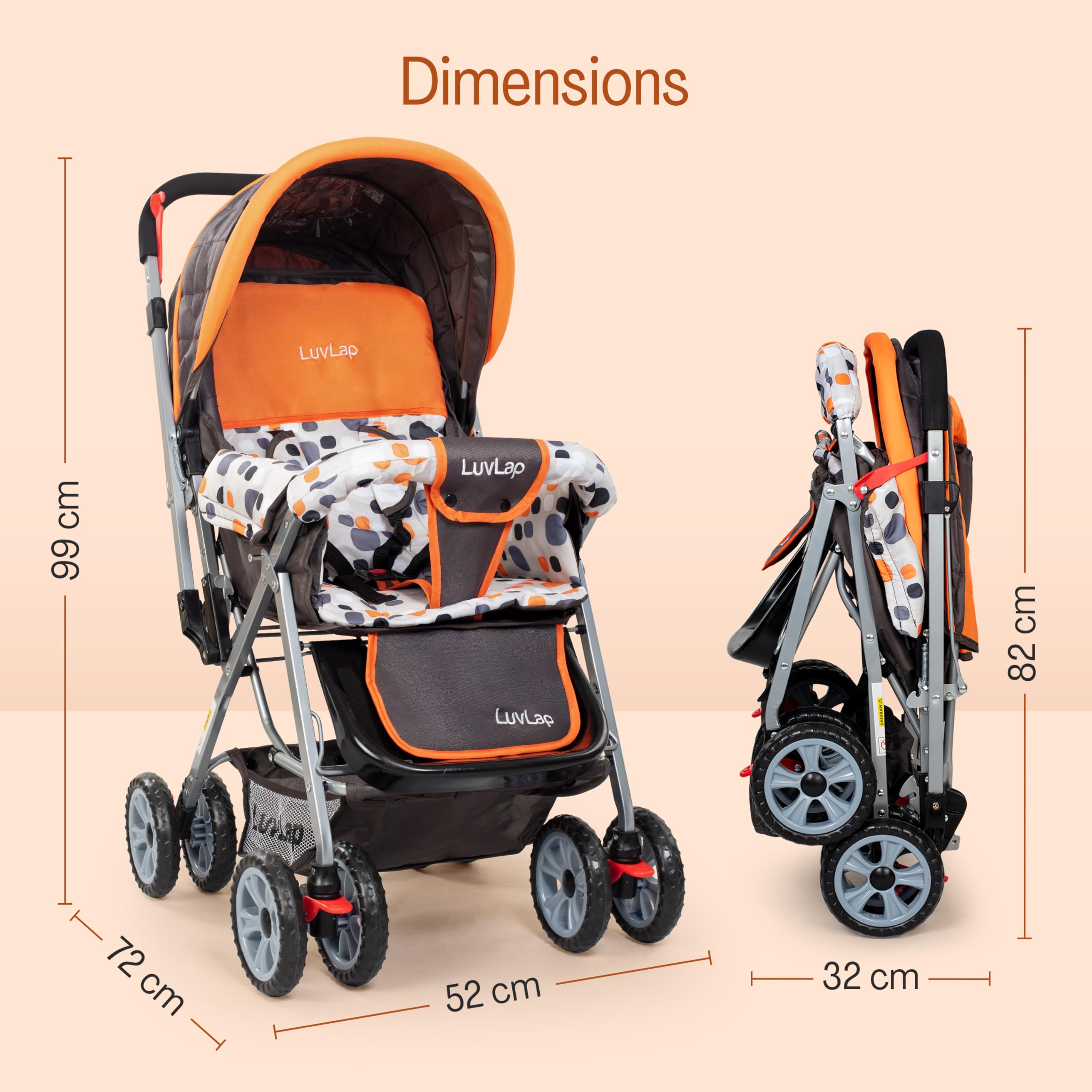 LuvLap Sunshine Baby Stroller/Pram for 0 to 3 Years, New Born/Toddler/Kid, 5 Point Safety Harness, Adjustable backrest, 360° Swivel Wheel, Large Storage Basket, Reversible Handlebar (Orange) 1