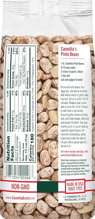 Camellia Brand Dried Pinto Beans Premium Heirloom Beans for Chile Con Carne, Soups, Stews, Chili & Mexican Dishes Non-GMO, Gluten-Free, High Protein, Vegan & Vegetarian Friendly, 1 Pound (Pack of 2)