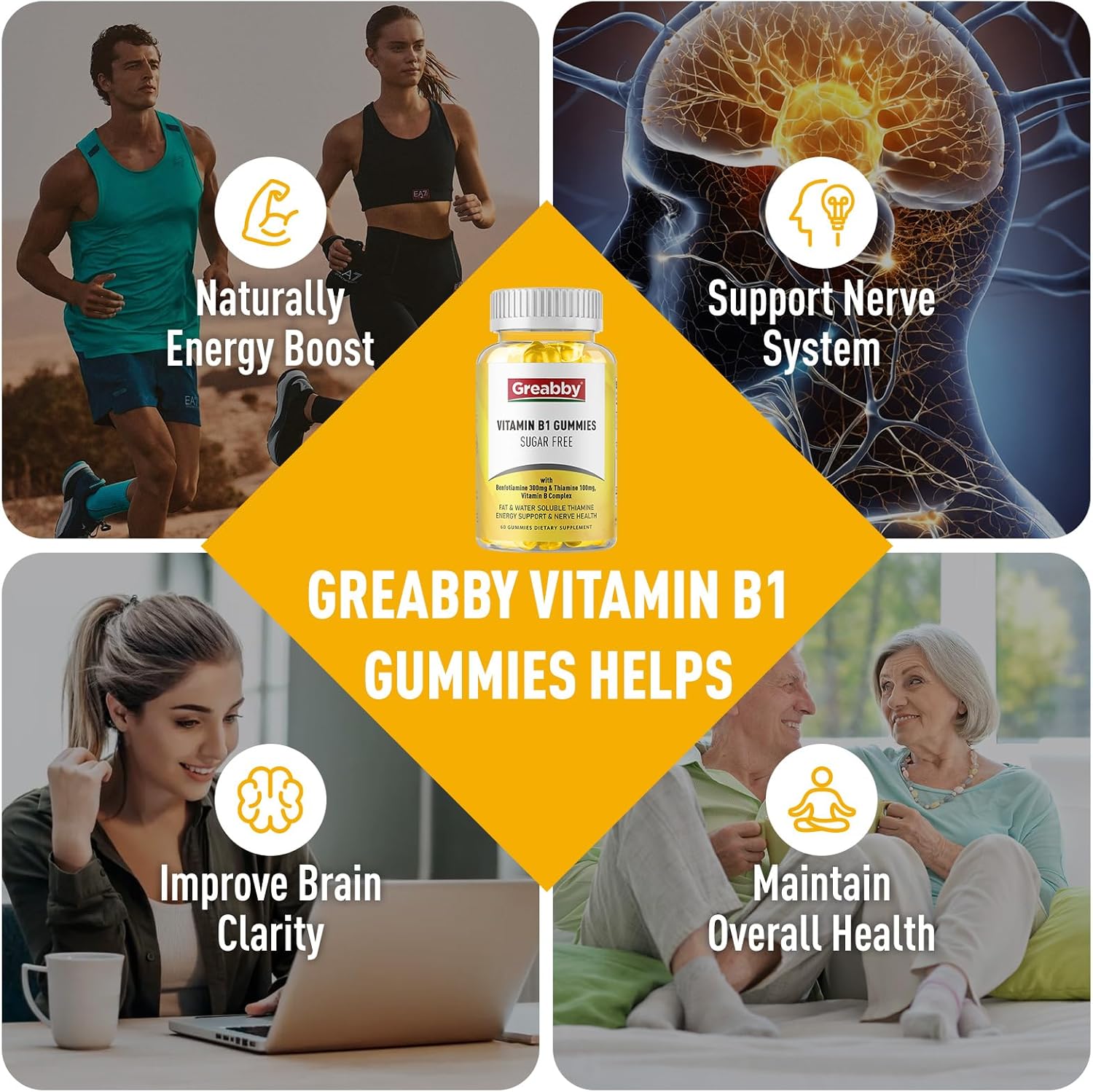 Vitamin B1 Gummies - Benfotiamine 300mg & Thiamine 100mg, Sugar Free, Vitamin B Complex Chewable Supplement, Energy Boost & Nervous System Health for Women Men, 60 Gummies - Image 3