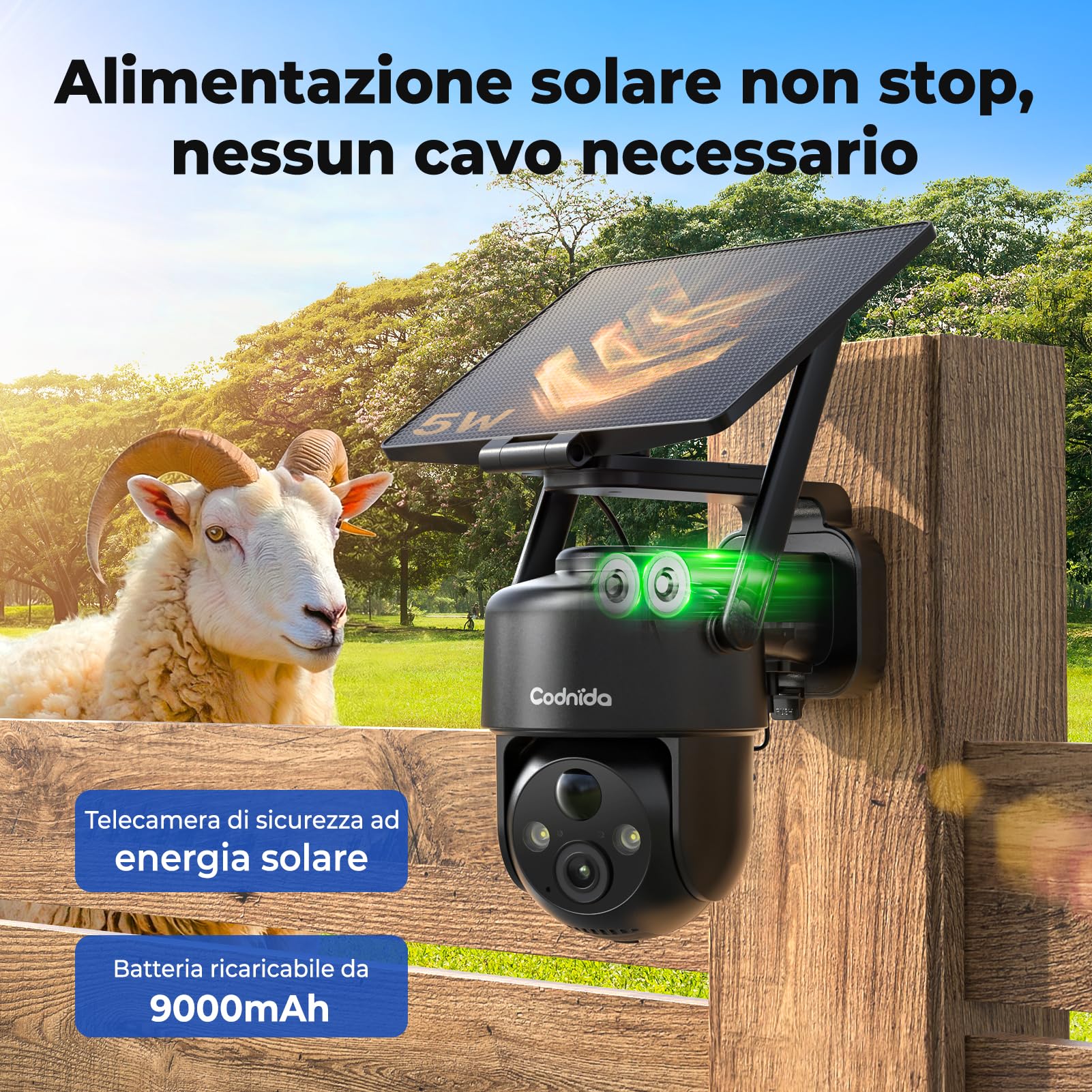 Codnida 4G Telecamera Esterno con Pannello Solare, 2K Telecamera Sanza Fili con Scheda Sim, 355° PTZ Videocamera Sorveglianza, Audio Bidirezionale, Rilevamento del Movimento, Visione Notturna a Colori