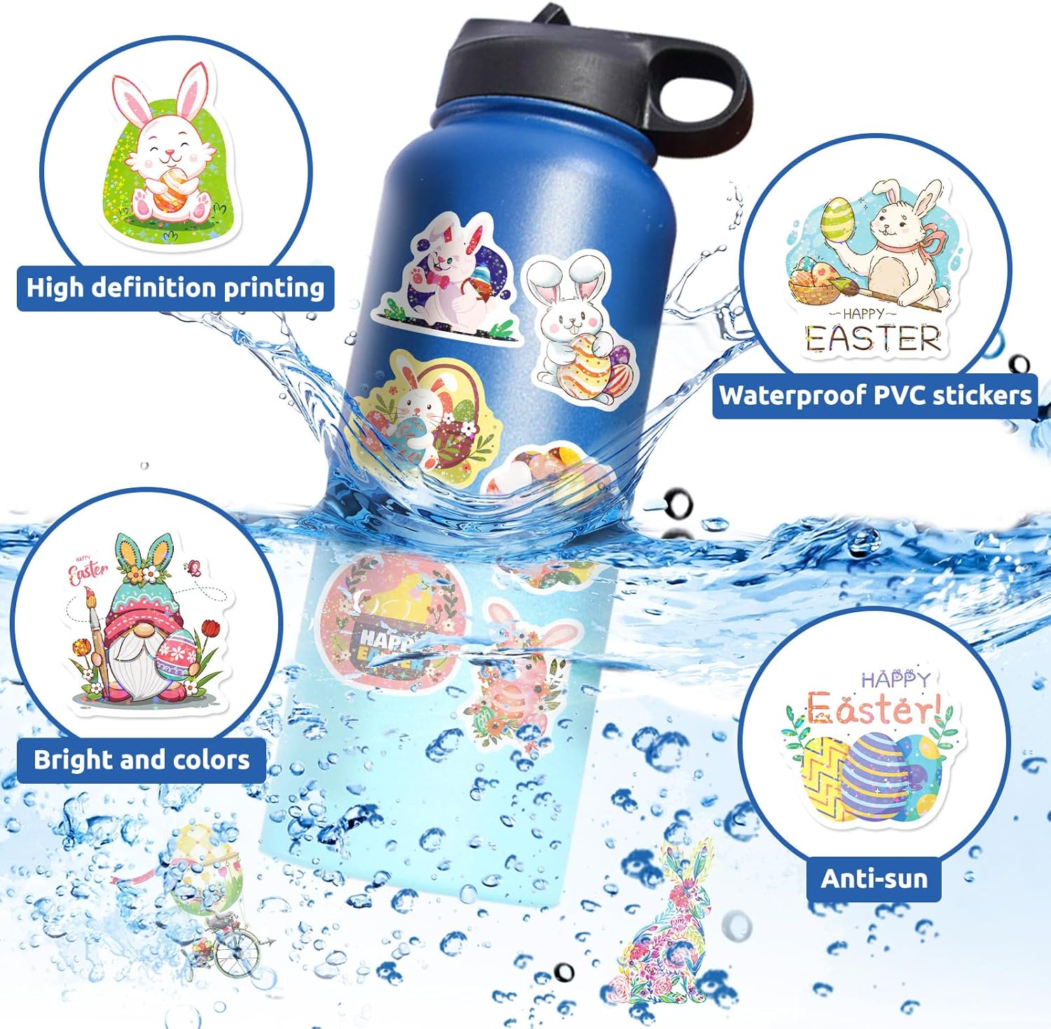 Holographic Easter Stickers, 100 Pcs Cute Easter Egg Stickers Bulk for Kids, Water Bottle Stickers Waterproof Vinyl Phone Skateboard Laptop Stickers, Aesthetic Sticker Packs for Girls Teens