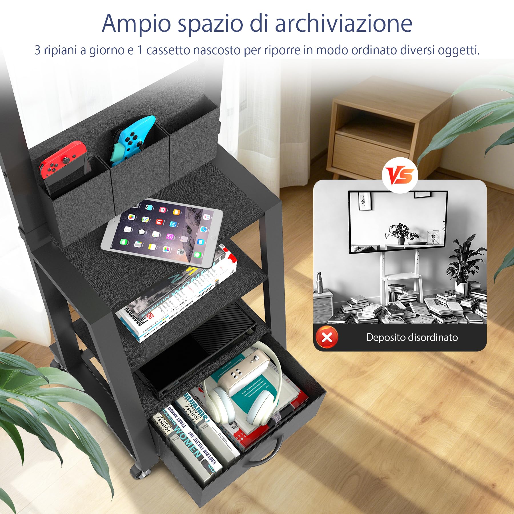Mobile porta TV con ruote, cassetto e 3 ripiani per TV piatti/curvi da 23"-60", mas 72 kg, LCD/LED/OLED. Carrello mobile con altezza regolabile per casa, ufficio e esterni, VESA mas 400x400mm, nero