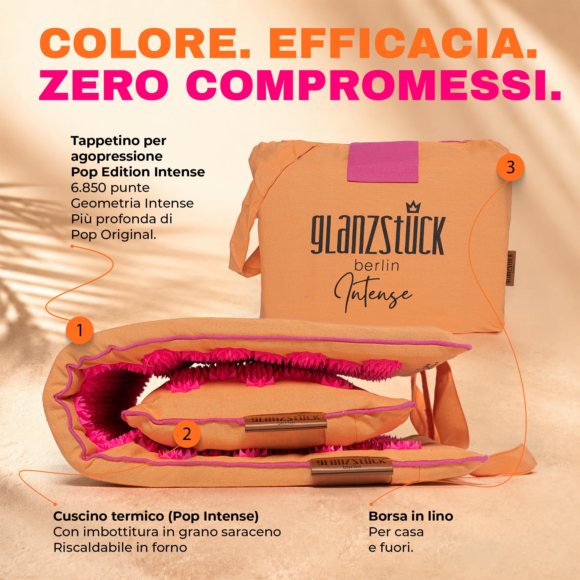 Glanzstück Berlin® Health Collection: Set di tappetini per agopressione XL Intense Color in lino, aiuto in caso di tensioni, mal di schiena, tappetino massaggiante con cuscino (funzione termica) e