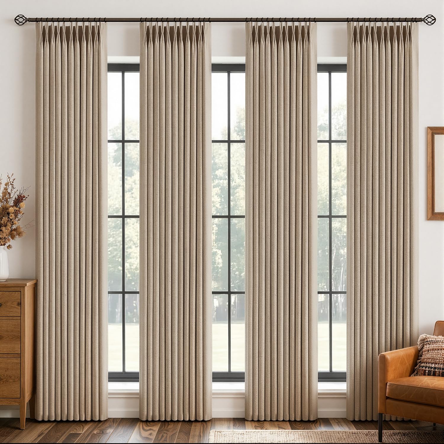 MIULEE 4 Panels Pinch Pleated Blackout Linen Curtains 40"x84" Copper Brown