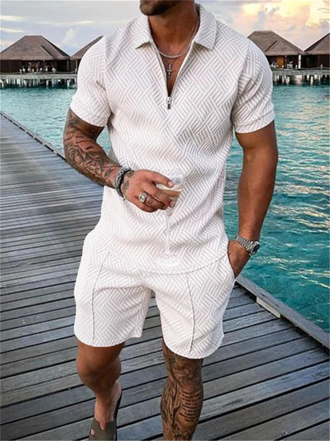 White L Men Track Suits 2 Piece Set Summer Casual Outfits Fashion Polo Shirts Short Sleeve and Shorts Set Vacation Clothes - Image 2