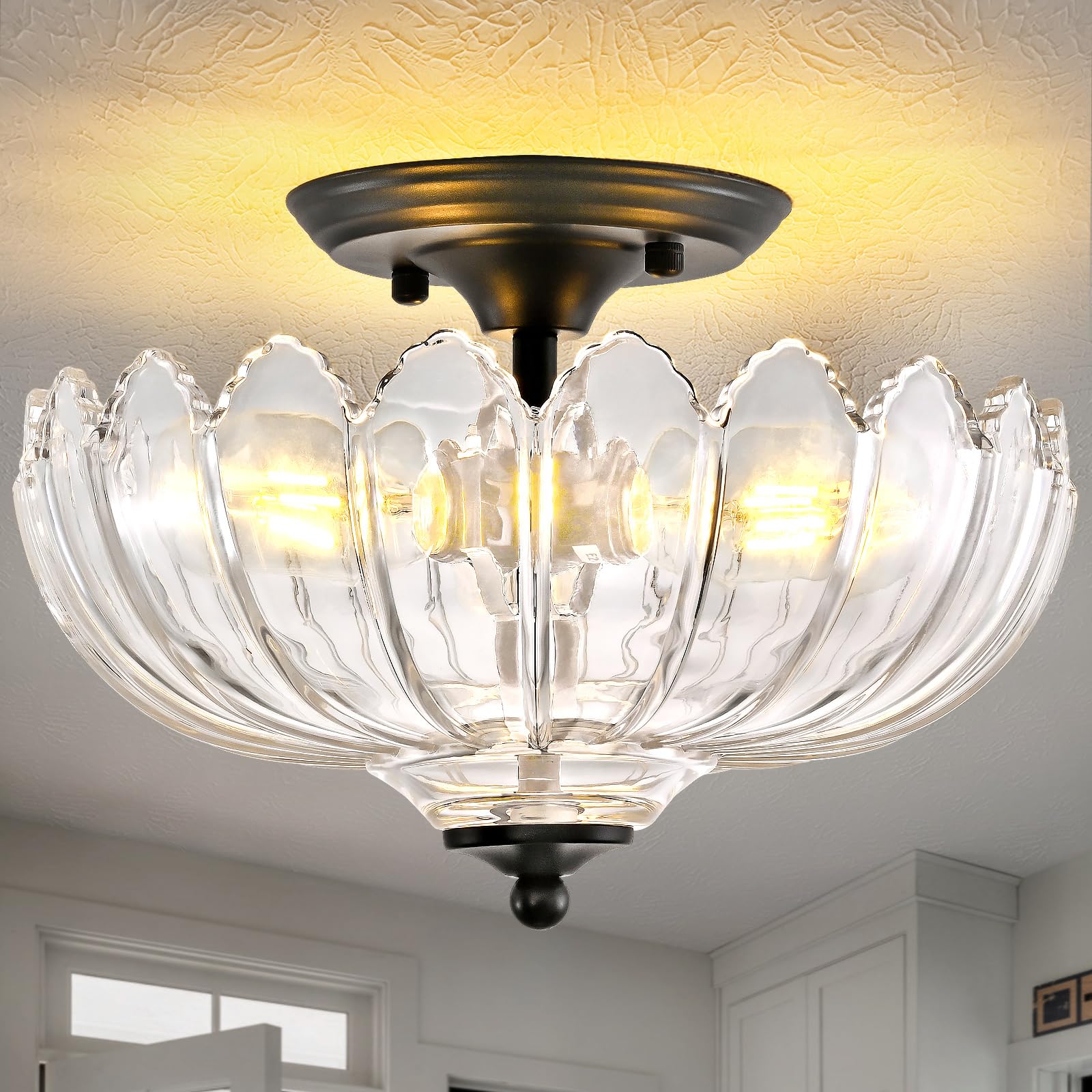 Photo 1 of Ruibutrade Clear Glass Ceiling Light Fixture - Handmade Art Glass Semi Flush Mount Lighting with 3 E26 Bases, Crystal-Like Transparency for Bedroom Kitchen Hallway, Modern Vintage Home Decor