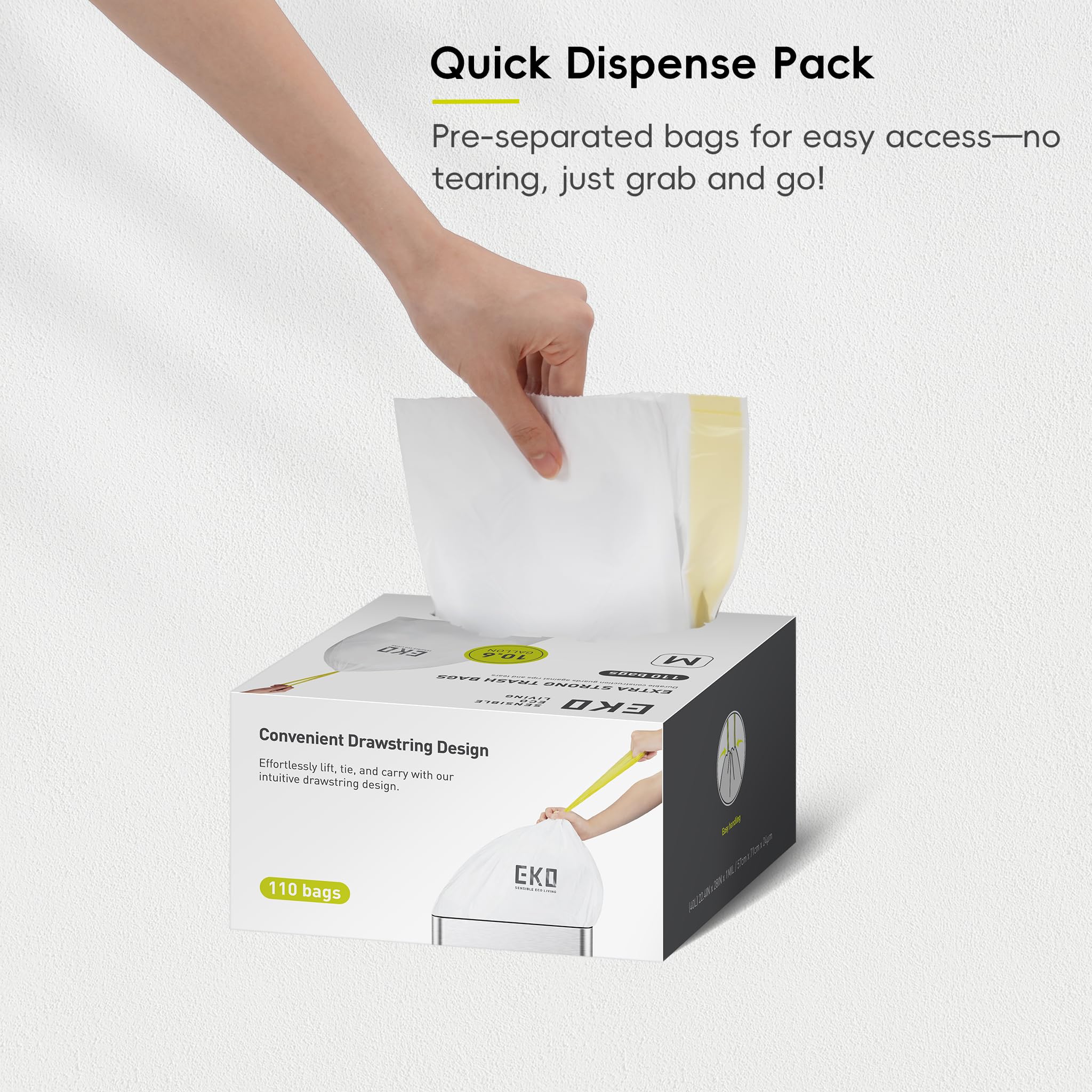 EKO Sacchetti per la spazzatura con coulisse, 110 pezzi, resistenti, per bidoni della spazzatura da cucina, extra resistenti, resistenti alle perdite, inodori, bianchi, codice M