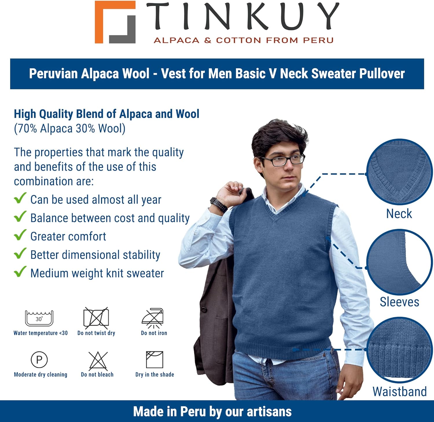 TINKUY Peru Men’s Alpaca Wool Sweater Vest – Soft V-Neck Pullover for Men – Classic Peruvian Knit – Sizes S to 4XL - Image 4