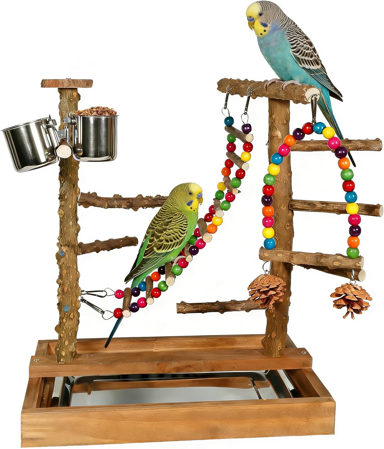 Wooden Bird Play Stand Parrots Playground Perch Stand with Bird Ladder Chewing Toys and 2 Stainless Steel Cups (Brown)