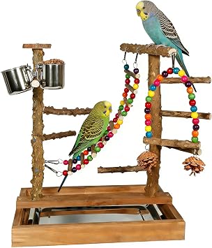 Wooden Bird Play Stand Parrots Playground Perch Stand with Bird Ladder Chewing Toys and 2 Stainless Steel Cups Brown