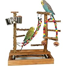 Wooden Bird Play Stand Parrots Playground Perch Stand with Bird Ladder Chewing Toys and 2 Stainless Steel Cups Brown