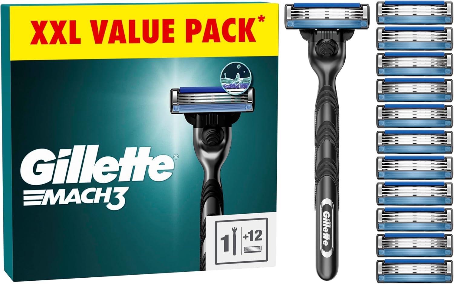 Gillette Mach3 Men’s Razor + 12 Razor Blade Refills, 3 Blades for a Smooth Shave, Fits All Mach3 Handles