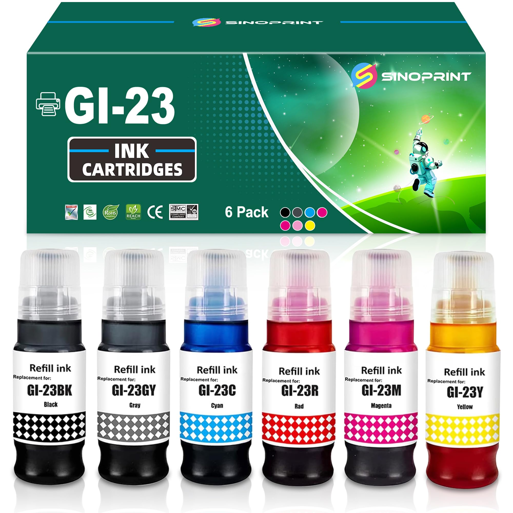 SINOPRINT GI23 GI-23 Refill Ink Replacement for Canon GI-23 GI23 Ink Bottles Work with Canon PIXMA G620 G520 Printer(6-Pack 70ML, Black Cyan Magenta