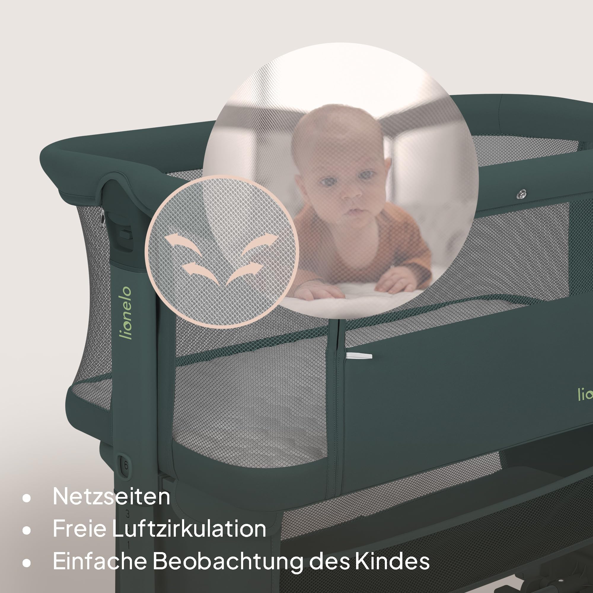 Lionelo Jodie Beistellbett 3in1, 6-Fach höhenverstellbar mit Neigungsverstellung für Boxspringbett, als Wiege & Babybett, Netzseiten, Rollen mit Bremse, Matratze, Gurte, Transporttasche, Moskitonetz