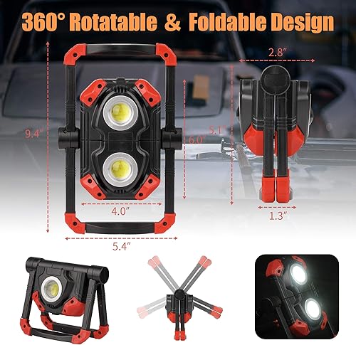 Vista 14 de Yzoni Luz de trabajo LED recargable, 2 COB 2500LM plegable luz de inundación portátil con base magnética y soporte de rotación de 360°, focos