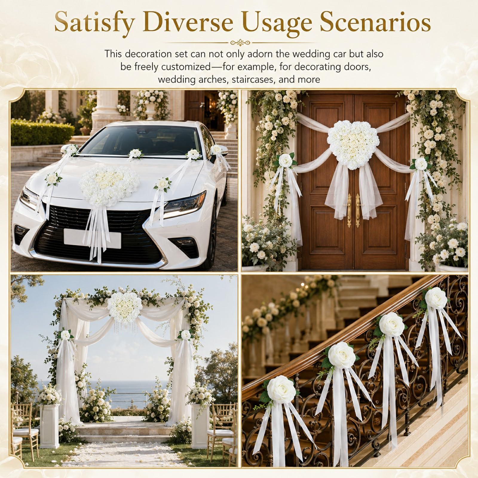 Autoschmuck Hochzeit Motorhaube, Weiß Auto Motorhaube Hochzeitsschmuck Set | Weiß Rosendekoration mit 35 cm Hauptblume, acht 9 cm Blumen mit Saugnäpfen, Tüll für Just Married, Wedding Ceremony