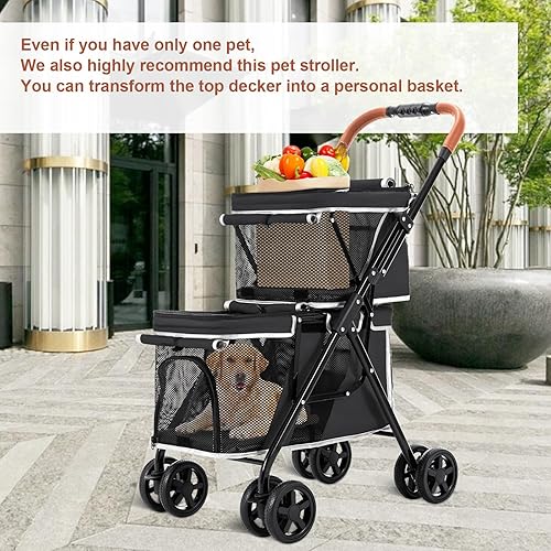Miniatura 6 de Cochecito doble para mascotas para perros y gatos, cochecito plegable con una sola mano para perros pequeños y medianos, gatos, 4 ruedas, negro