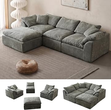 Oversized Cloud Couch Sectional Sofa for Living Room, Modular L Shaped Boneless Chenille Sofa with Chaise Lounge, Deep Seat Convertible Couch, Compressed No Assembly Floor Sofa Ash Grey