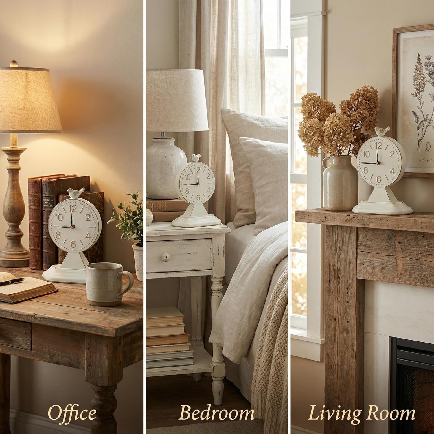 Vintage 10-Inch Cream White Table Clock with Bird Sculpture, Rustic Wall Cupboard Inspired Design, Silent Non-Ticking Battery Operated Desk & Shelf Clock for Farmhouse, Office, Mantel