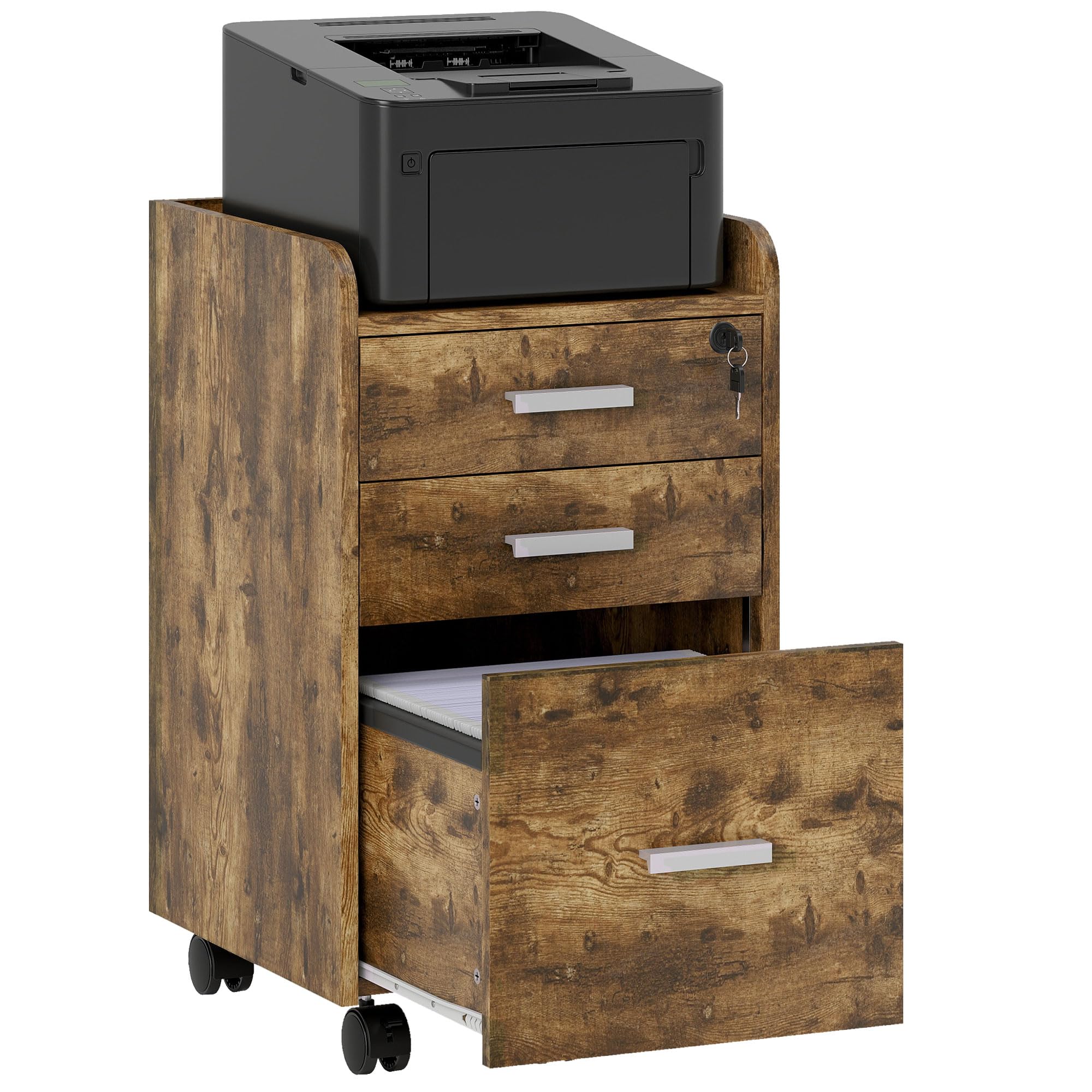Portland 3 Drawer Lockable Filing Cabinet - Rustic Brown - Mobile