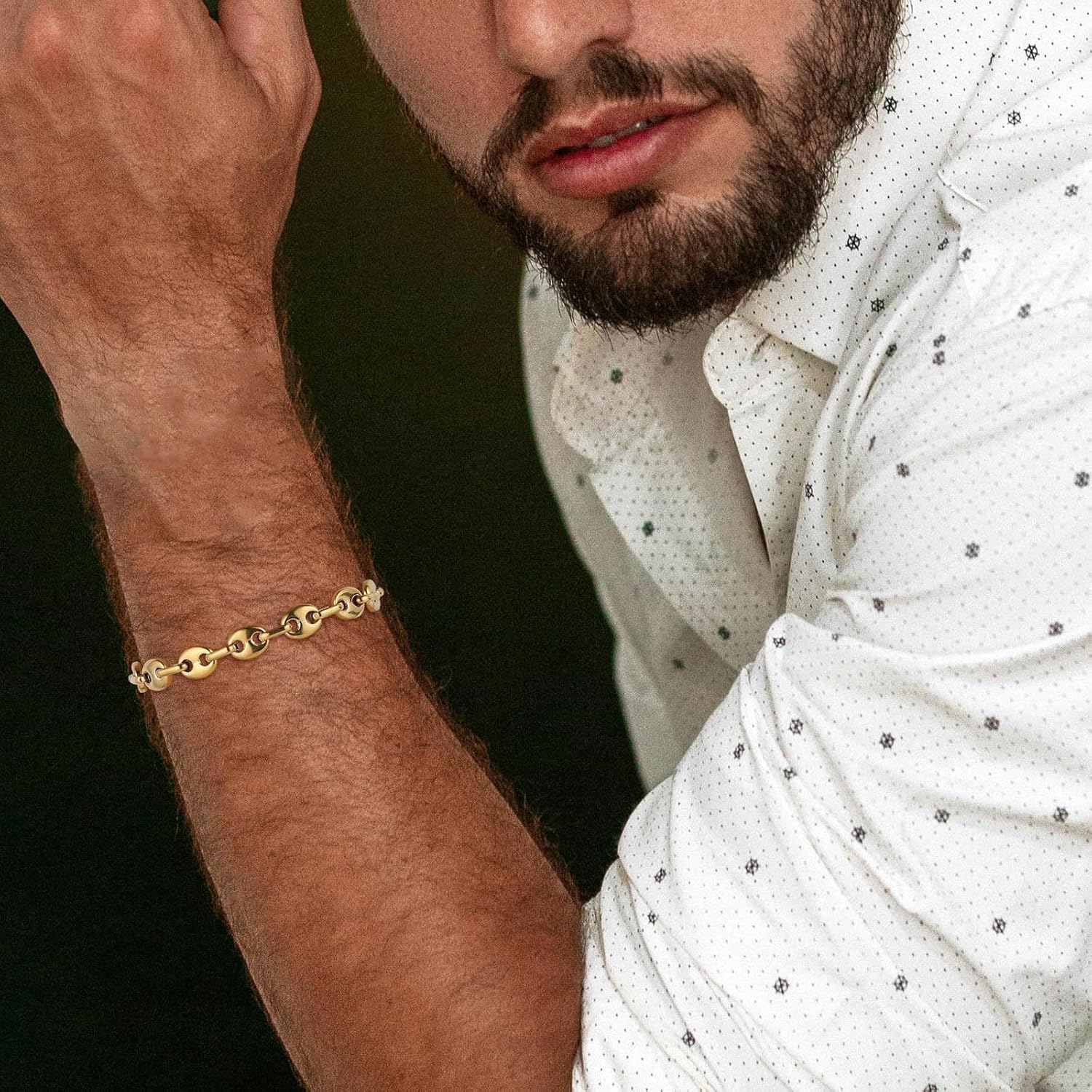 HZMAN Coffee Bean Bracelet for Men, 7mm Wide 8.5 Inch Stainless Steel Link Chain, Gift for Men, Gold, Silver, Two-Tone - Image 3