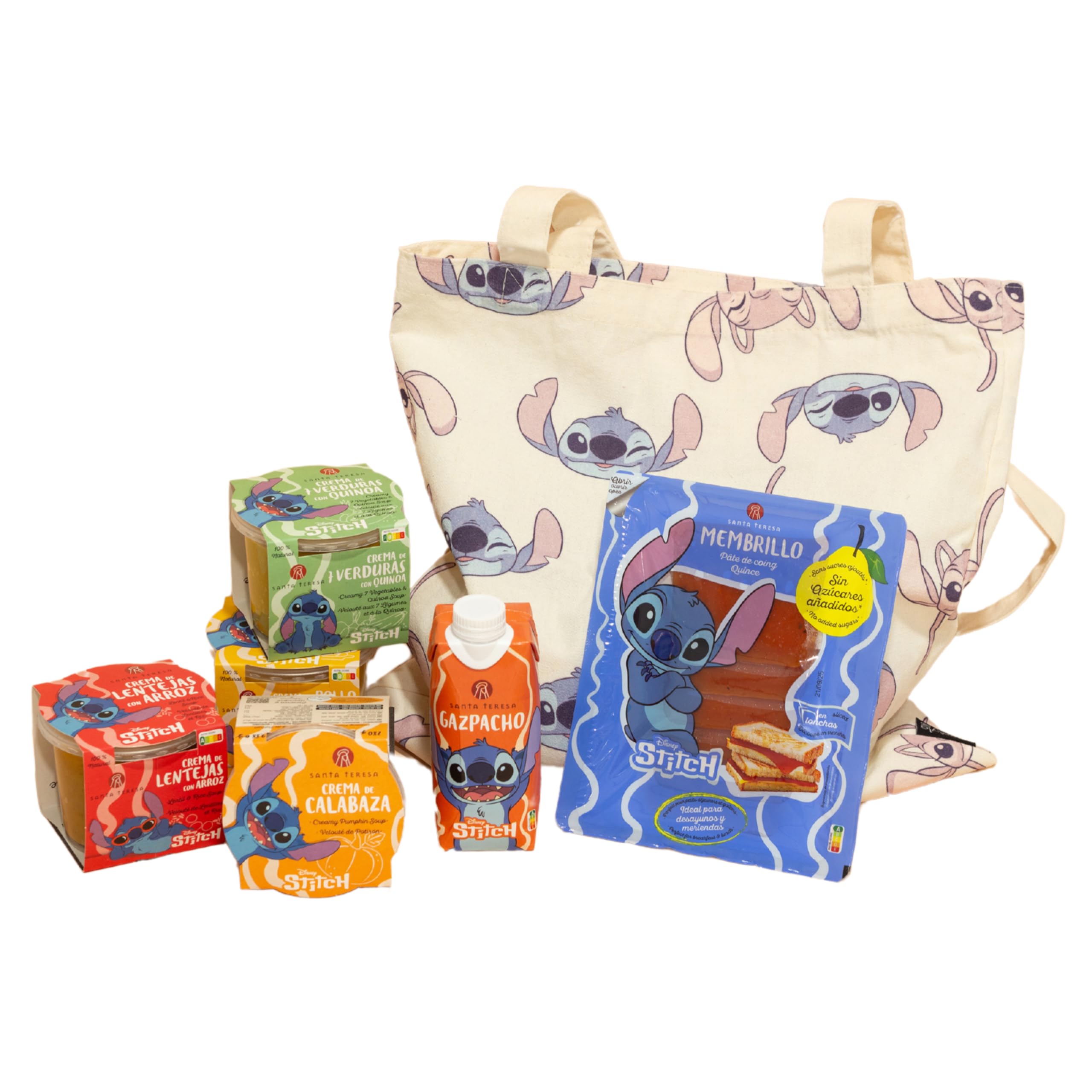 Santa Teresa - Pack Disney + Tote Bag Stitch. Pack de 4 Cremas de Verduras, Gazpacho Suave, Membrillo Sin Azúcar en Lonchas y Tote Bag Stitch.